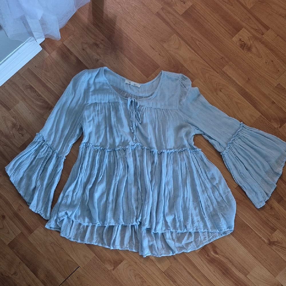 Olivaceous Light Blue Ruffled Blouse